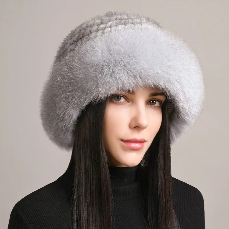 

New Genuine Real Natural Knitted Mink Fur Hat Luxury Women Handmade Knit Fashion Winter Headwear Warm Real Fox Fur Beanies Caps