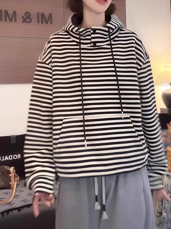 

Ретро-американское полосатое худи для женщин, осенне-зимнее, больших размеров, свободного кроя, с длинными рукавами, удобное, комфортное, с капюшоном.