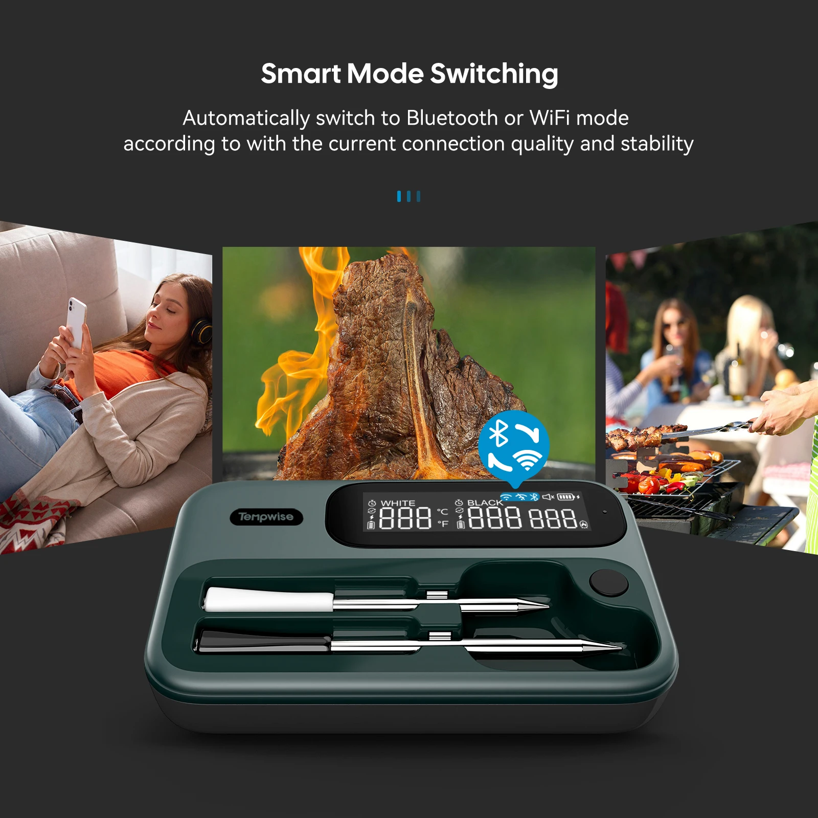 Wifi Bluetooth Meat Thermometer 2 Mode Wireless BBQ Thermometer  Waterproof Probe Combo Backlit HD LCD for Cooking Grilling