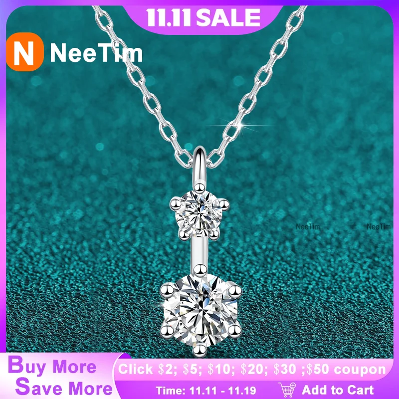 

NeeTim Full Moissanite Pendant Necklace Original 925 Sterling Sliver Chain Plated with White Gold Fine Necklace for Women