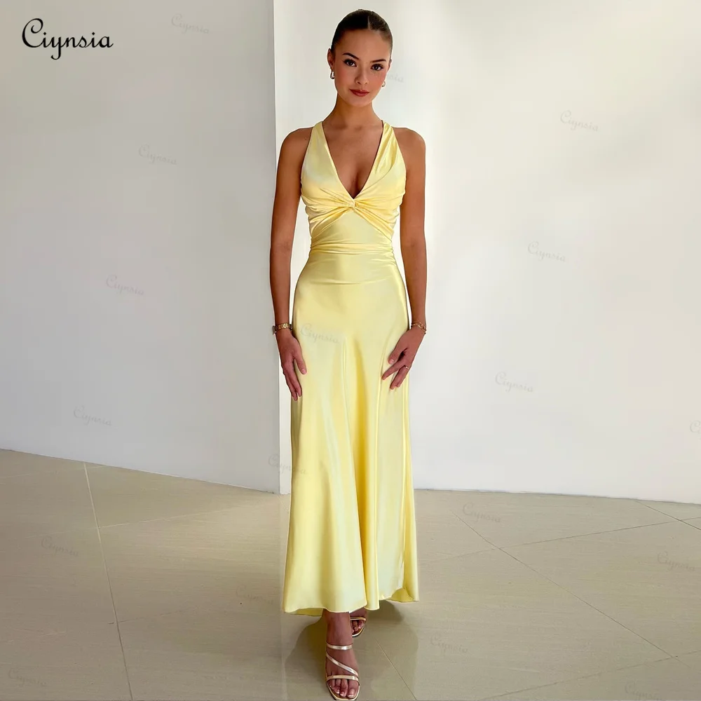 

Ciynsia Lemon Yellow Evening Gowns Mermaid V-Neck Ankle Length Backless Sexy Prom Party Dresses Customized Vestidos De Fiesta