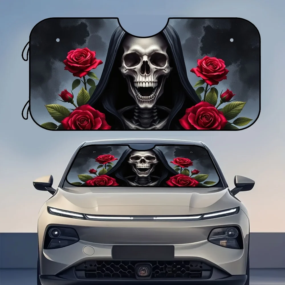

1pc Gothic Art Sunshade For Halloween-Themed Vehicles - Foldable Car Window Cover With Grim Reaper & Roses Design, Durable Polye