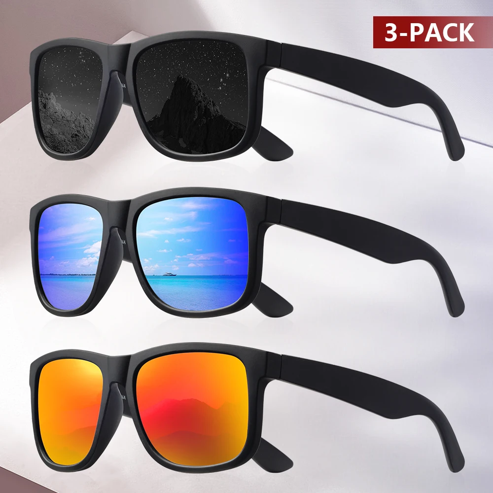 CRIXALIS 3-teilige quadratische polarisierte modische Sonnenbrille für Männer und Frauen, Angeln, Fahren, Reisen, Sonnenbrille, Spiegel, UV400-Schutz