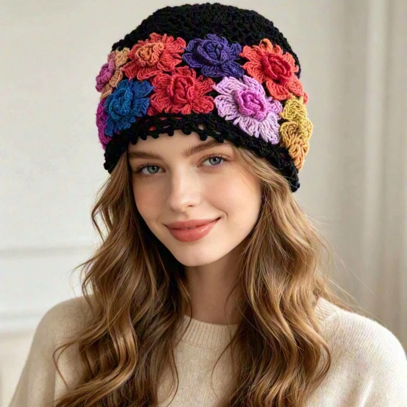 Women Hand Crochet Floral Beanie Hat 3D Colorful Rose Knit Hat Vintage Hollow Out Soft Warm Skull Cap Bohemian Outdoor Daily Hat