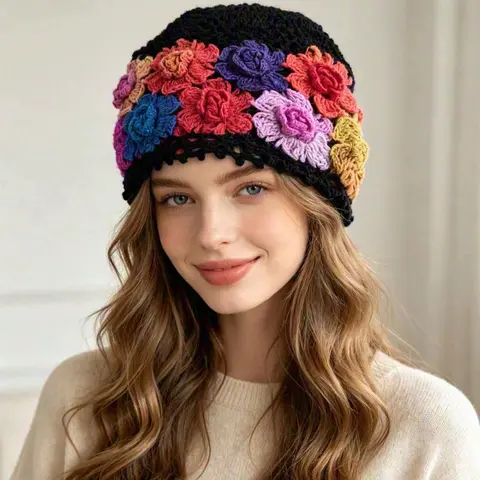 Women Hand Crochet Floral Beanie Hat 3D Colorful Rose Knit Hat Vintage Hollow Out Soft Warm Skull Cap Bohemian Outdoor Daily Hat