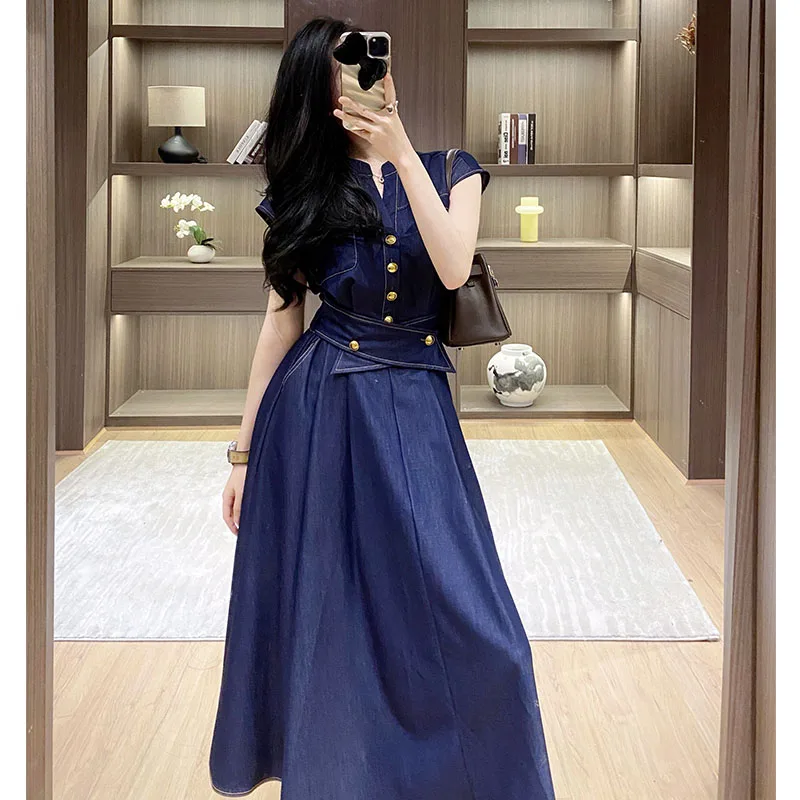 river island denim midi dress River Island long sleeve seamed denim midi dress in dark blue
