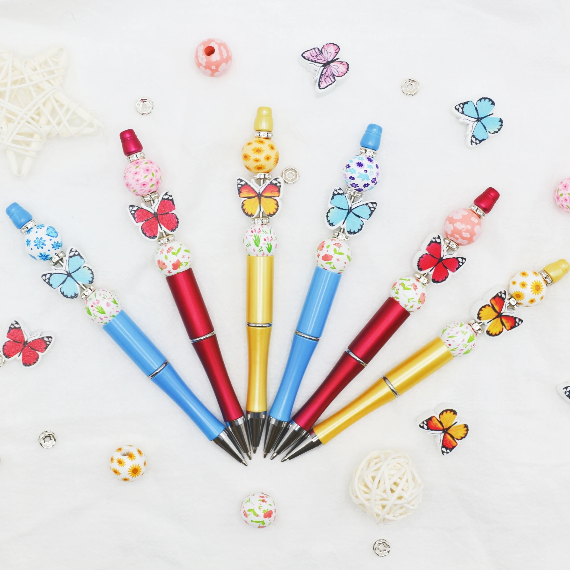 9 قطع من الحبر الأسود على شكل فراشة ملونة للربيع والصيف يمكنك صنعها بنفسك قلم حبر جاف ومجموعة خرز خشبية، لوازم مكتبية ومدرسية #3