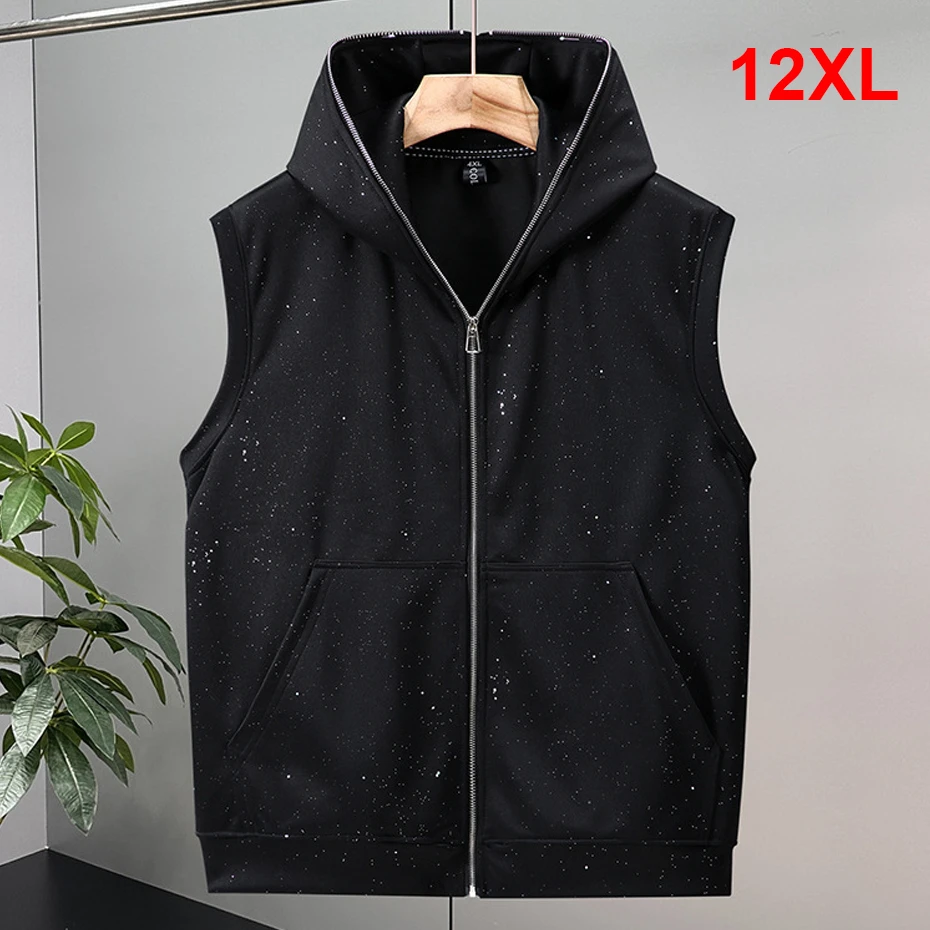 12XL Plus Size Hooded Vests Men Fashion Casual Reflective Spot Design Vests Sleeveless Jacket Male Big Size 12XL