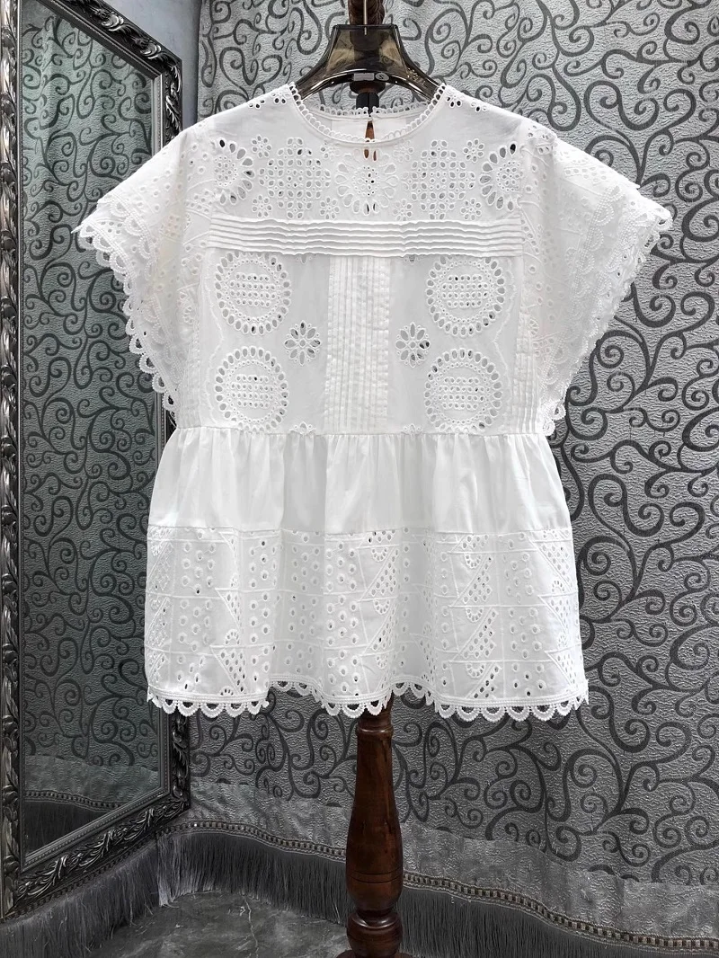 

100%Cotton Blouse 2025 Spring Summer Designer Fashion Tops Lady Hollow Out Embroidery Short Sleeve Elegant White Blouses