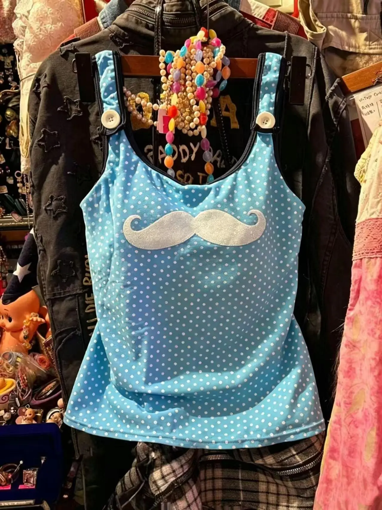 Japanese Y2K Cami Top Polka Dot Moustache Print Women Casual Tees Slim Fit Vintage Sweet Kawaii Summer Tank Top Streetwear