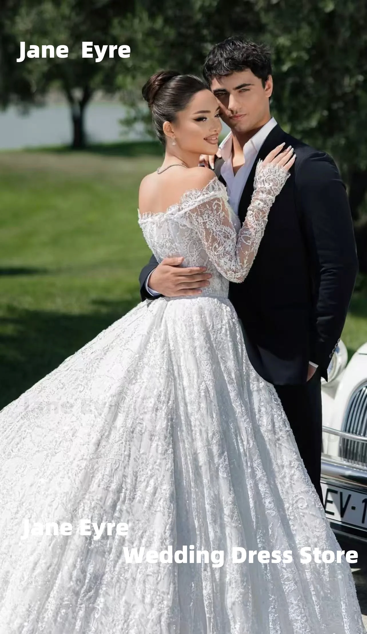 فستان زفاف جين آير فاخر بأكمام طويلة رداء نسائي سباركلي بدون أكتاف سويب تراين لحفلات الزفاف فيستدو دي نوفيا #4