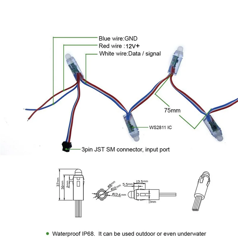 200 Stück WS2811 RGB-LED-Pixel-Licht, individuell adressierbar, 12 mm, diffuses digitales Vollfarb-LED-Pixel-Modul-Licht DC12V-Y05A