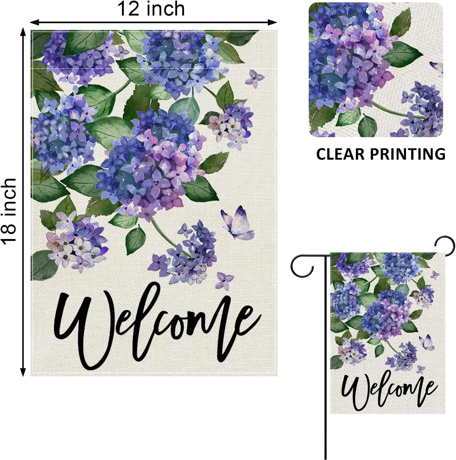 Welcome Spring Hydrangea Decorative Garden Flag, Purple Floral Flowers Butterfly Yard Outside   Home Decor Double Sided 12 x 18