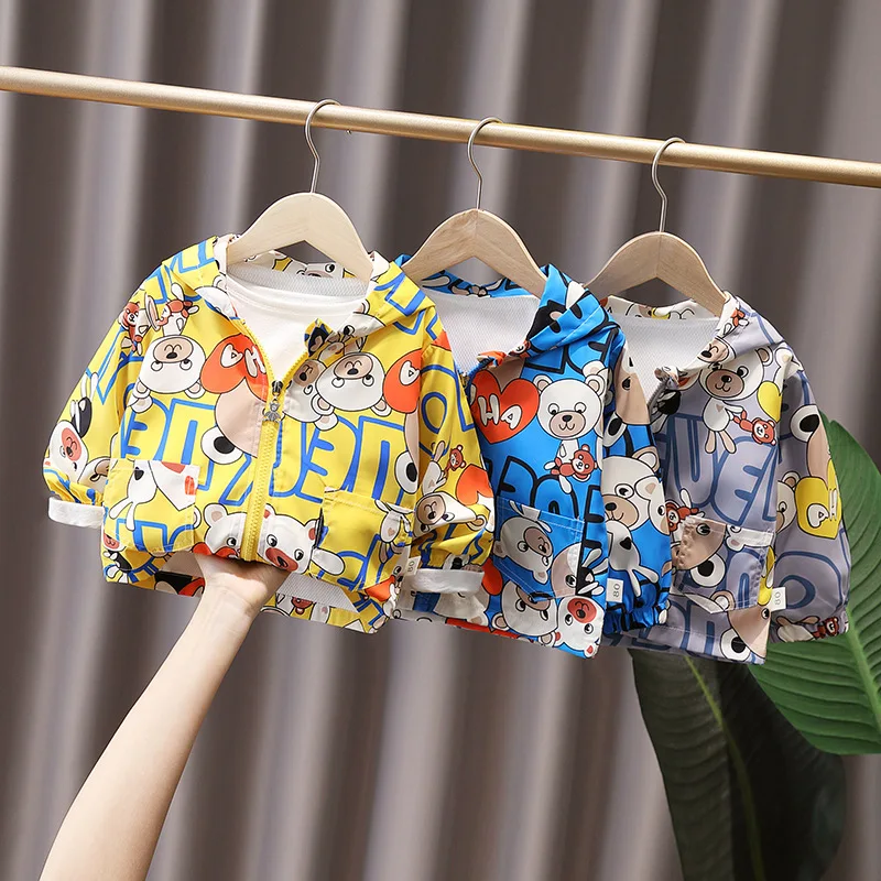 Korean Spring Autumn Toddler Boys Coat Cartoon Printed Hooded Zipper Loose Kids Boys Windbreaker Coat Baby Boys Jacket