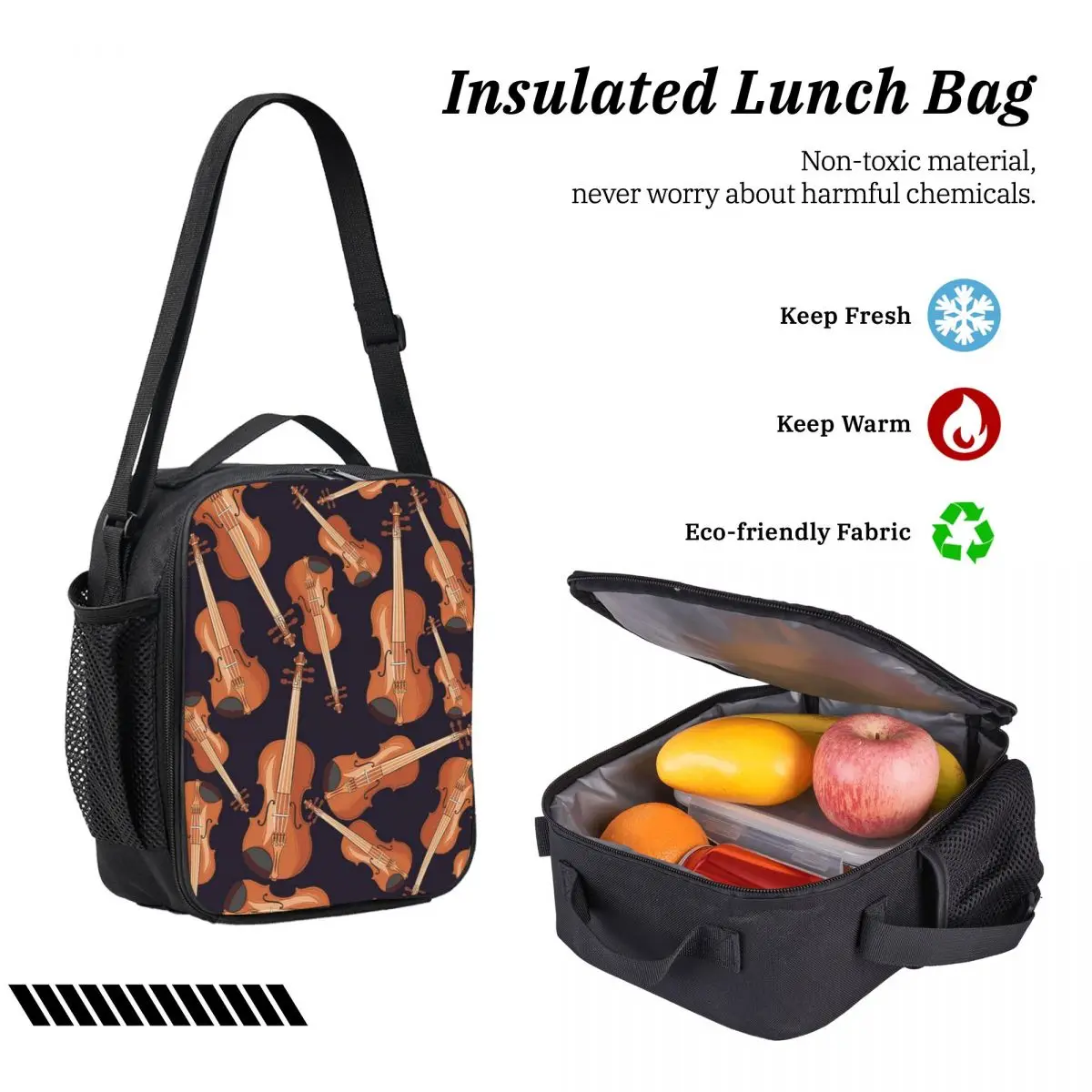Violin Musical Instrument Pattern Purple Backpack BookBag School Bag Laptop Shoulder Bags 3ps Insulated Lunch Bag Pencil Case