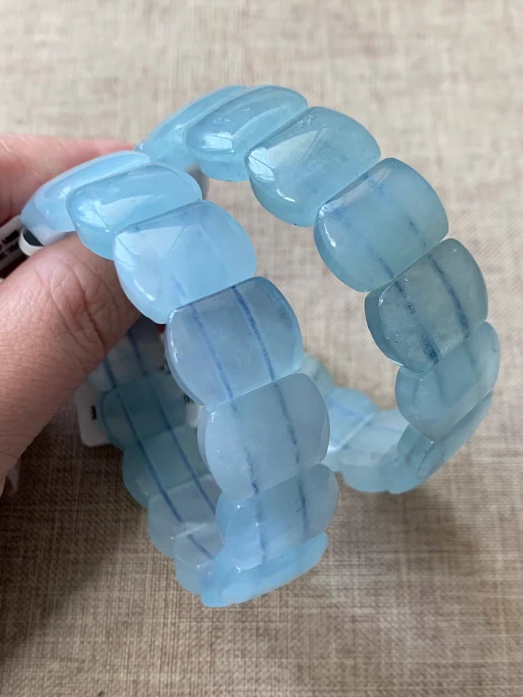 Natural Blue Aquamarine Clear Rectangle Beads Bracelet For Women Men Brazil Stretch 18x13mm Aquamarine Jewelry AAAAA