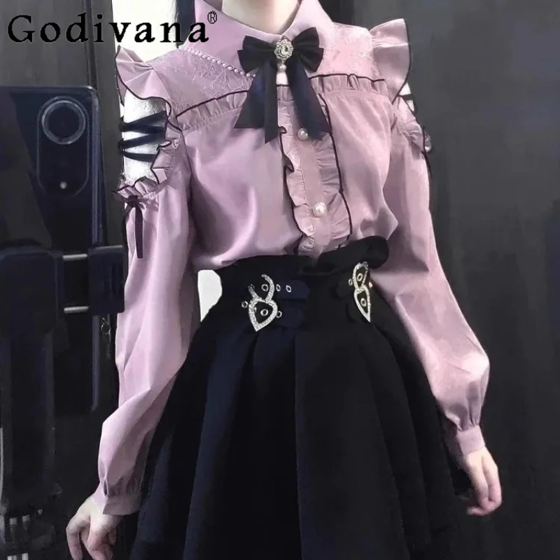 

Autumn New Skirt Set Women Japanese Lace Patchwork Bow Shirt Black Waist Cinching Skirt Outfits Girls Lolita Style Suits