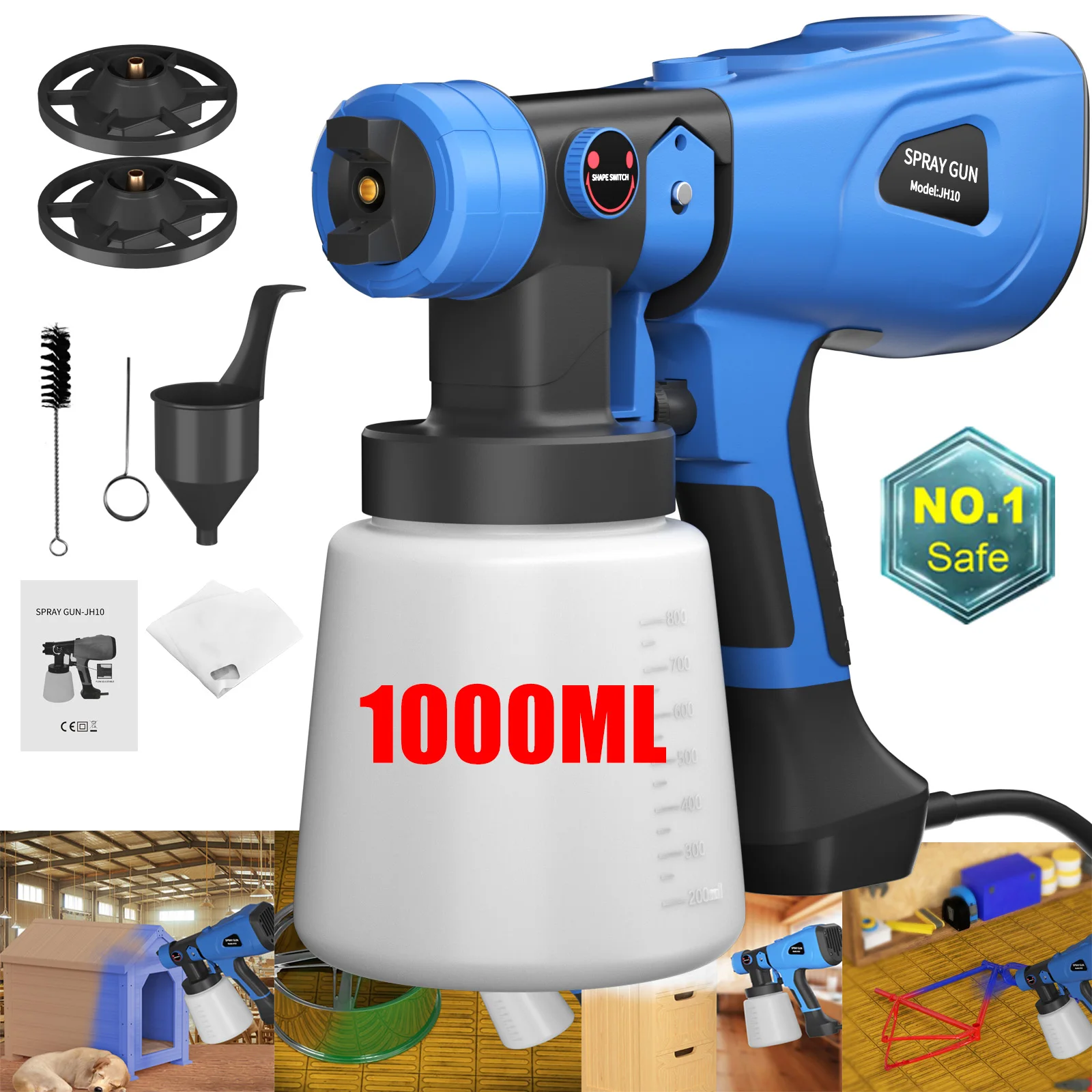 DayPlus Electric Paint Sprayer, 3 Spray Patterns & 1000ml Detachable Tank, Spray Gun Handheld for Home Fencing Decking Garden