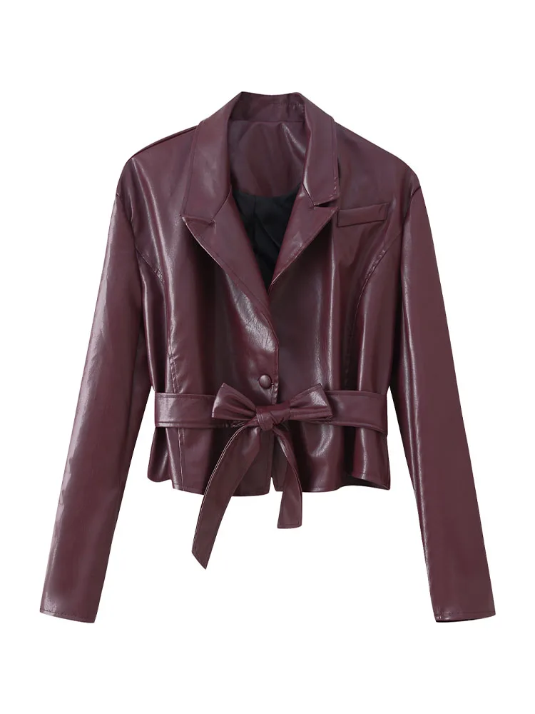HH Women Winter Leather Fashion Versatile Waist Lapel Lace-Up Long Sleeve Leather Jacket Female High Street Casual Short Jacket
