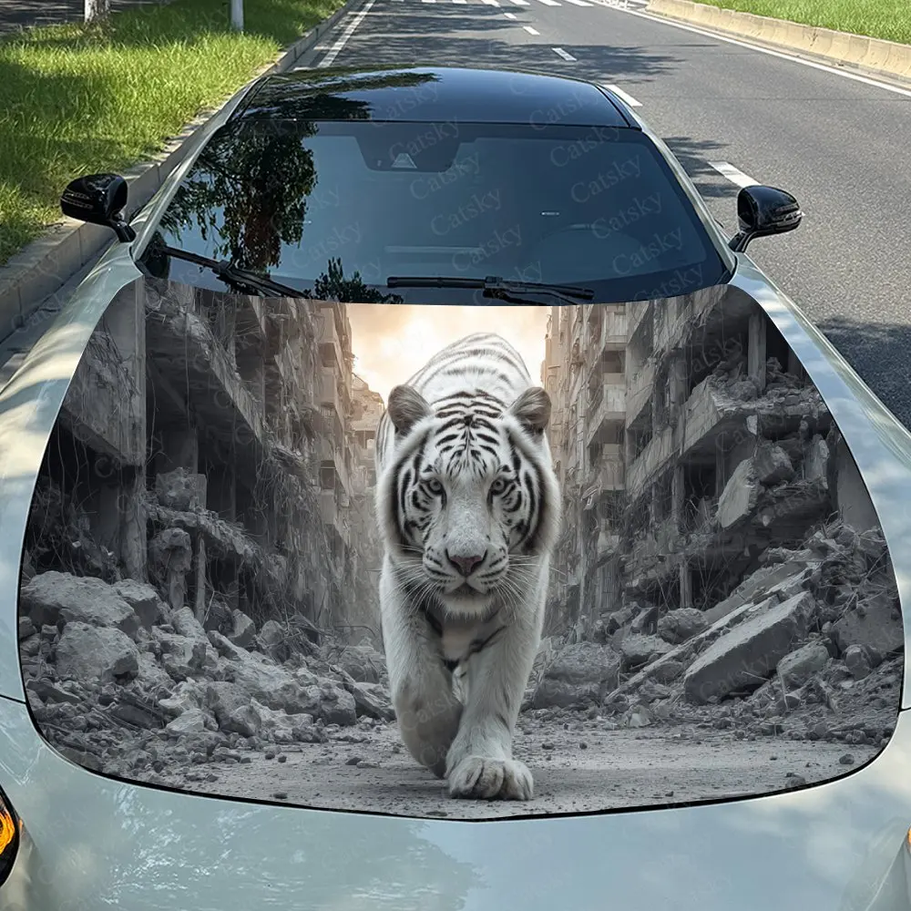 Wasteland Tiger Trace Car Vinyl Wrap, PVC Waterproof Car Hood Sticker, Self-Adhesive Scratch-Resistant Stickers
