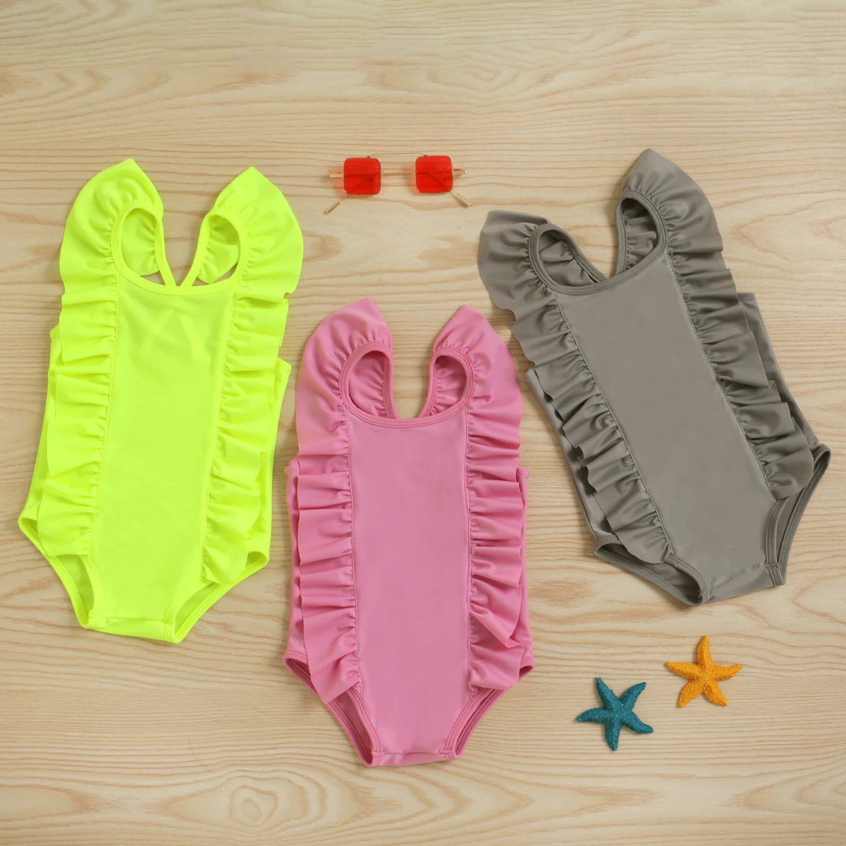 Spring Summer Festival Girls Infant Children Lace Fly Sleeve Pink Grey Green Three Colours Fashion Swimsuit