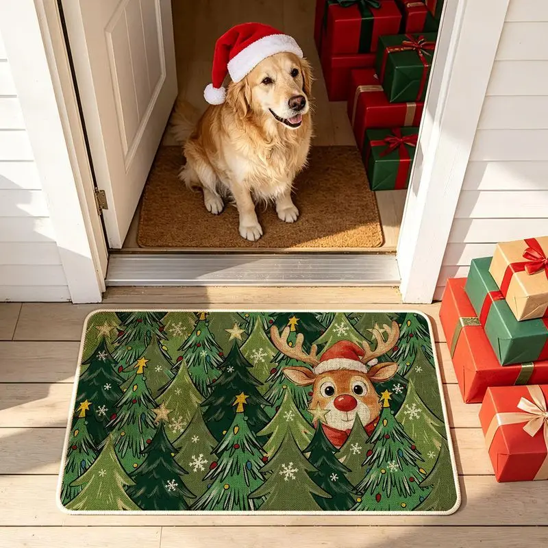 VIKAMA Christmas Door Mat Cartoon Reindeer Red Nose Christmas Tree Star Snowflake Non Slip Entryway Rug Holiday Decor Washable