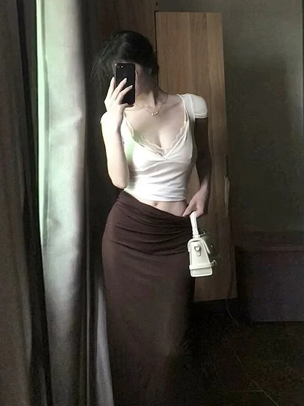 

Women's V-Neck Lace Tops, Fake 2 Pieces Shirts, Casual Dress Suit, Bud Skirt, Slim-Fit Dress, Vintage Style 2025