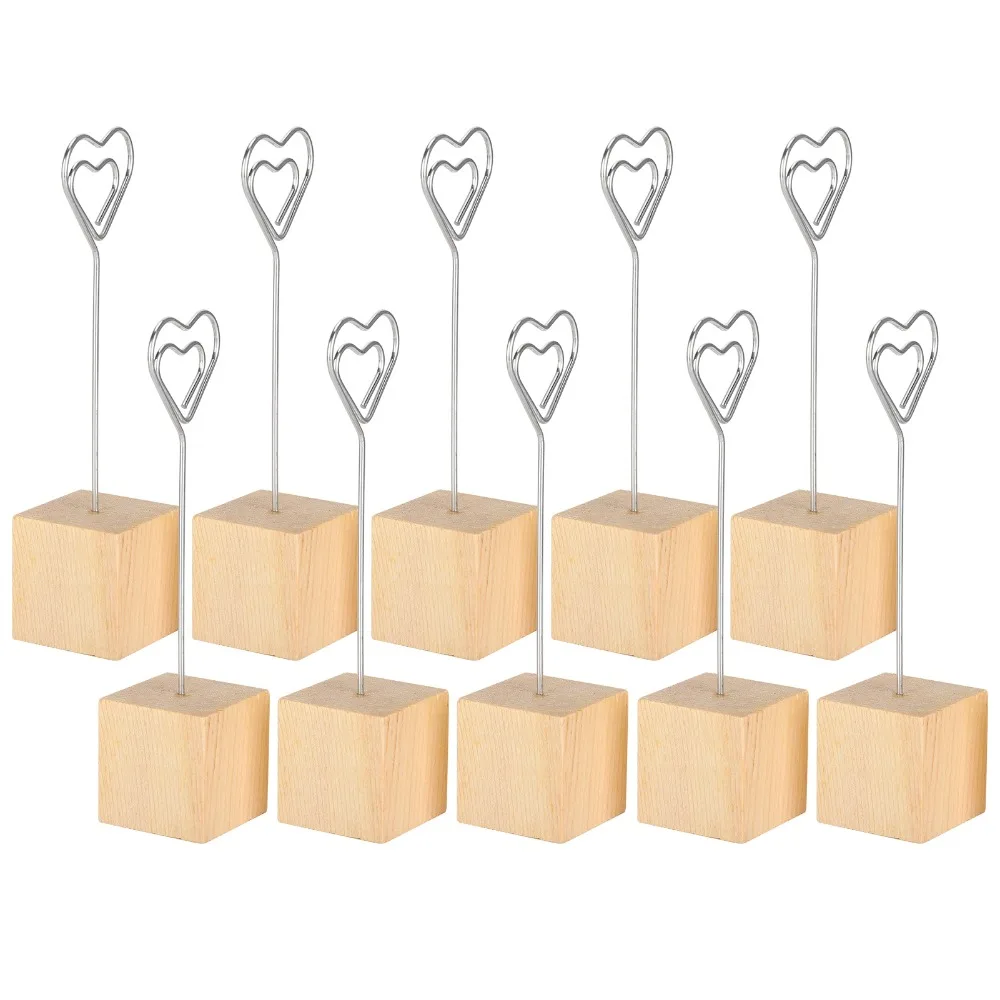 10Pcs Solid Wood Base Photo Holder Heart Shape Durable Clip Note Clip Stand Iron 11.9cm Height Picture Clip Stand Office Use
