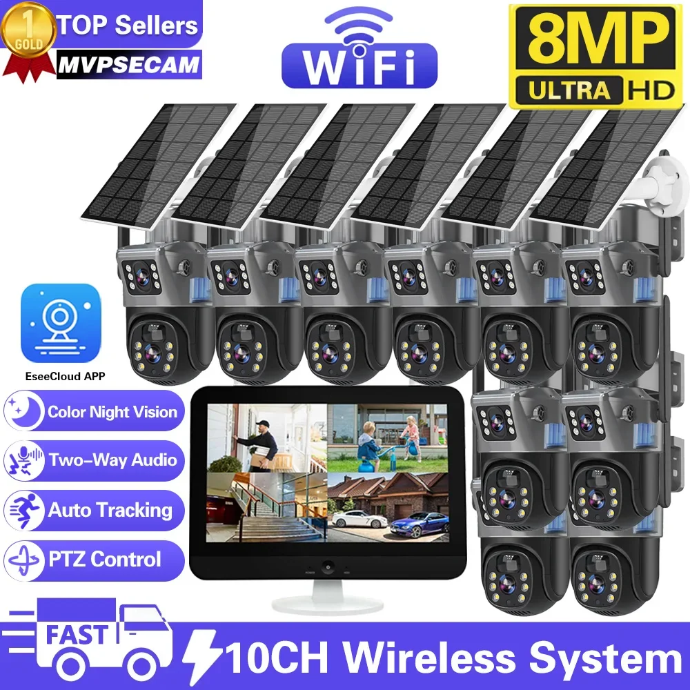

10CH 8MP Wifi Dual Lens PTZ Solar Camera Video Surveillance 12.5" LCD Monitor WIFI NVR Outdoor Auto Tracking Security Cam System