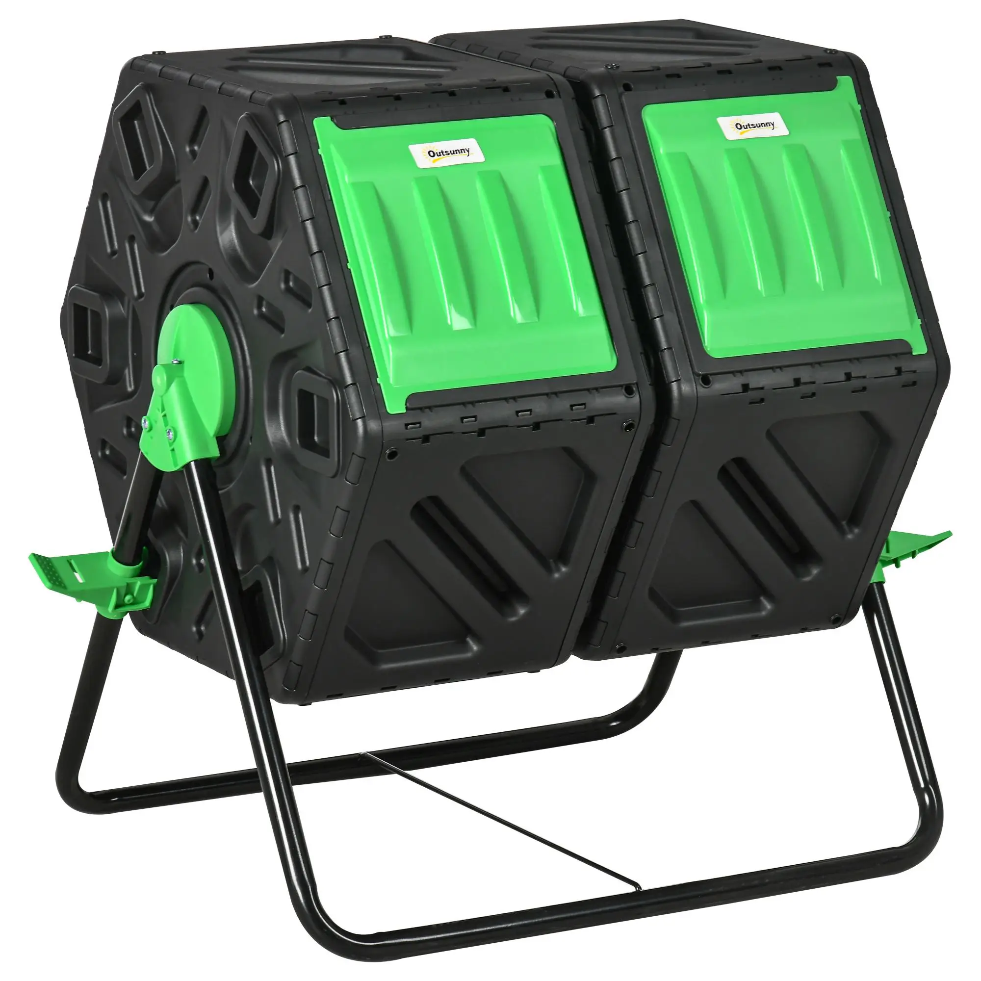 Compostador de 130L con doble cámara 360 ° Base de acero giratoria con 24 orificios de ventilación, plástico PP para jardín, color negro