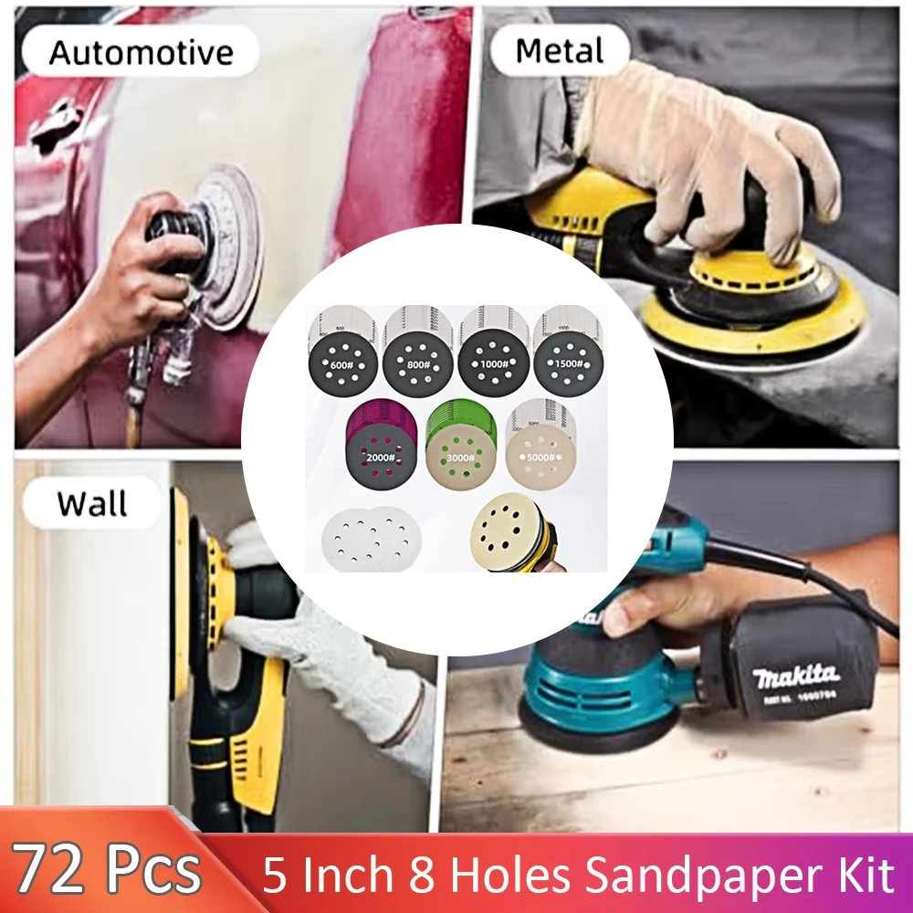 

72Pcs 5 Inch Sanding Discs Set 70Pcs 5 Inch 8-Hole Wet Dry Sandpaper 600-5000 Grit with 2Pcs Interface Pads for Random Orbital