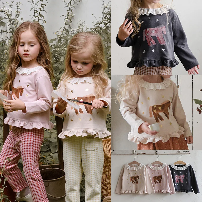 Girls Long Sleeve T-Shirt 2026 Fall Winter New Fashion Cute Kids Base Shirt Cotton Crew Neck Lace Sweet Korean Edition Girls Top
