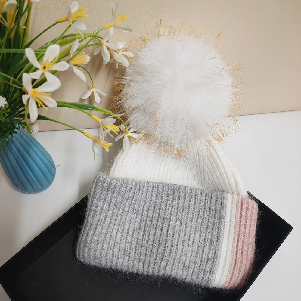 

Color-Block Rabbit Fur Knitted Hat with Artificial Fox Fur Ball Fashionable Versatile Christmas Outdoor Skiing High-Quality Hat