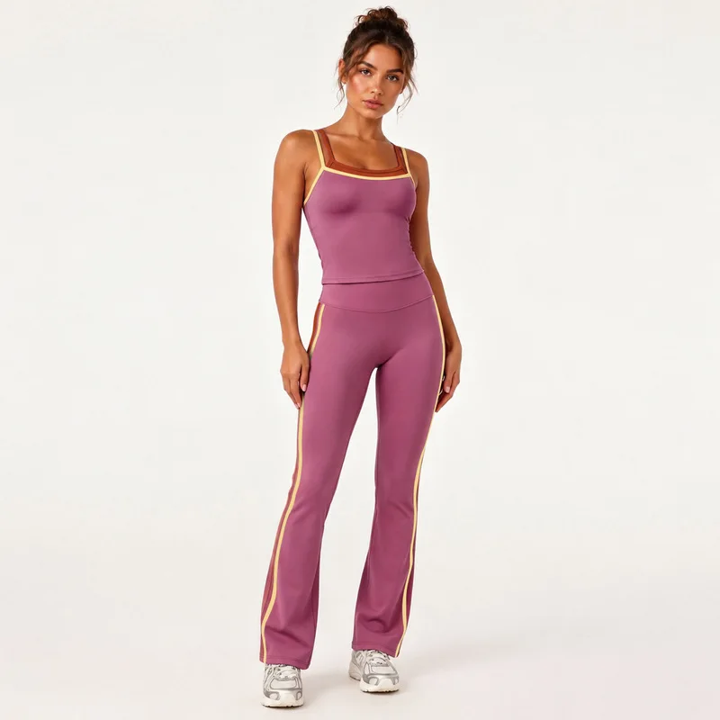 Women Athletic Yoga Set Color Block Tank Top Side Striped High Waist Slight Flare Pants For Gym Outdoor Sports Workout Training