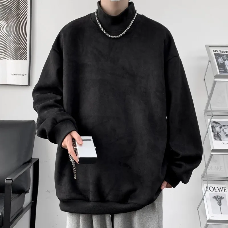 

Men's Oversized Sweatirt Pure Bla Heavyweight f High Collar Fce Lined American Retro Suede Jaet Autumn Winter