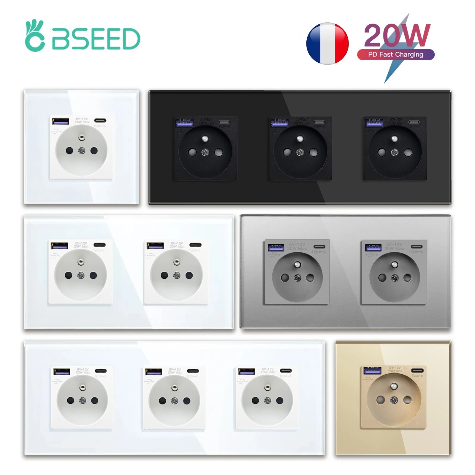 BSEED C 타입 USB 더블 고속 충전 USB 소켓, 트리플 벽 전원 콘센트, 유리 프레임, 20W 단일 프렌치 소켓, 16A 