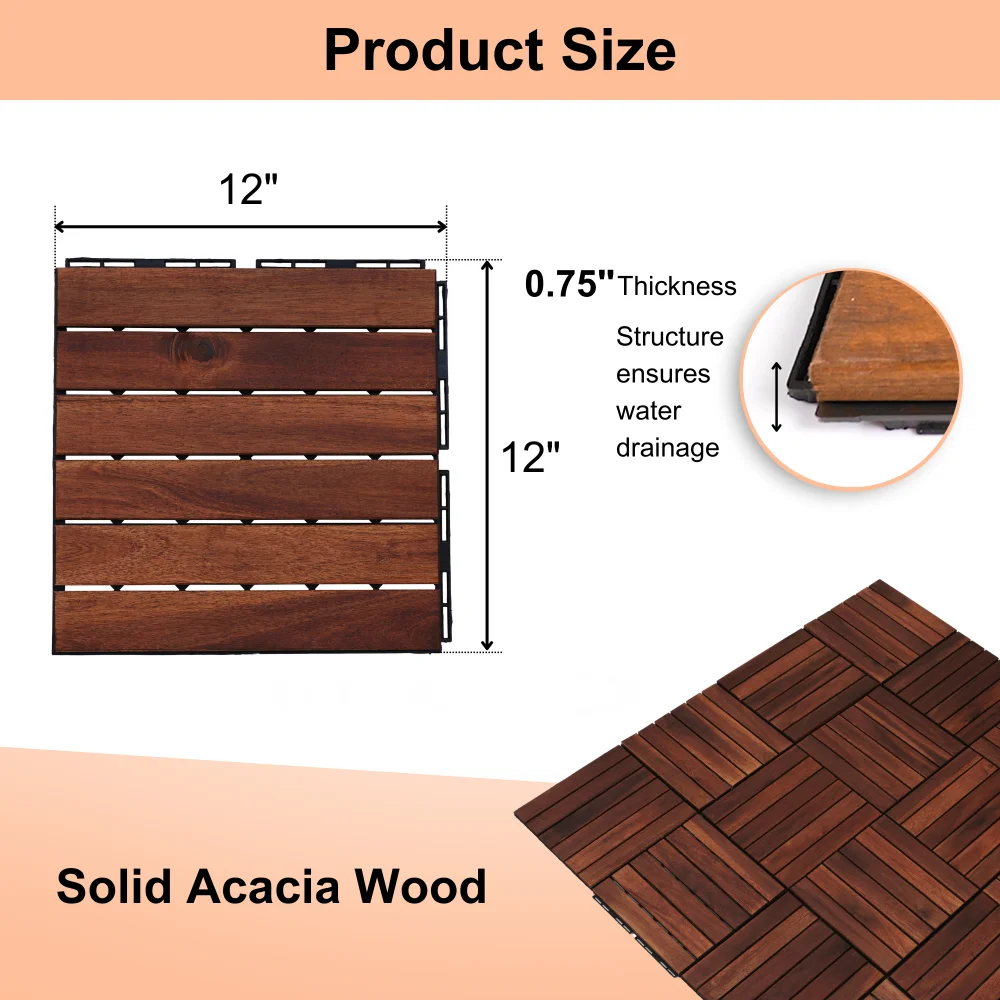 Interlocking Flooring Tiles in Solid Wood Oiled Finish (10PCS), 12" x 12" Square Acacia Hardwood [USA Warehouse Ship]