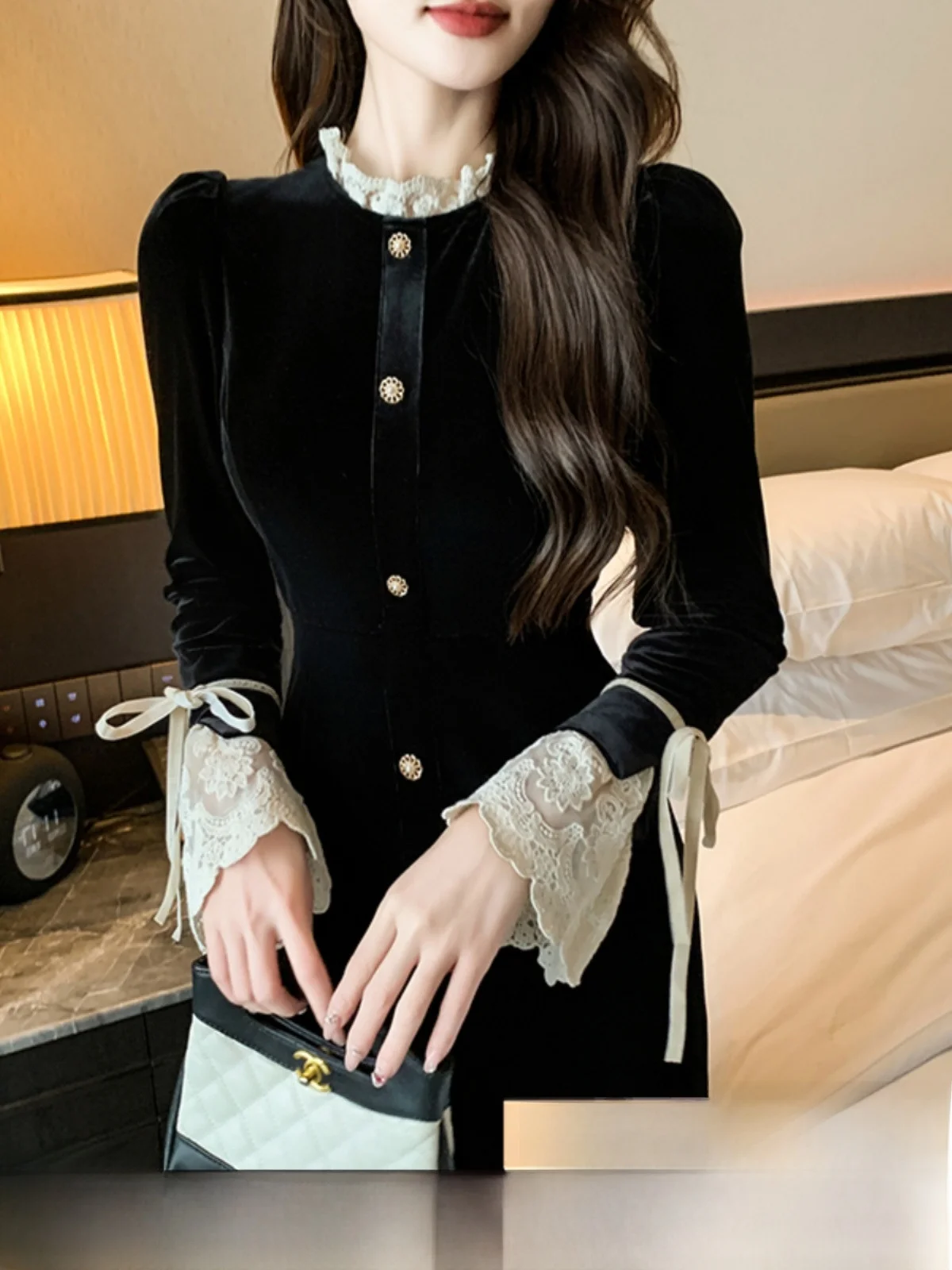 Gold Velvet Full Body Dress Women clothes Spring and Autumn Winter 2024 New French sle Hepburn Sle High Sense Long sleeve...