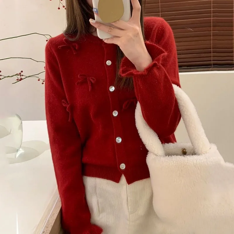 O-neck Bow Knitted Cardigan Women Top Coat Korean Style Small Jacket Button Flared Sleeve Ladies Sweater Cardigan Autumn Winter