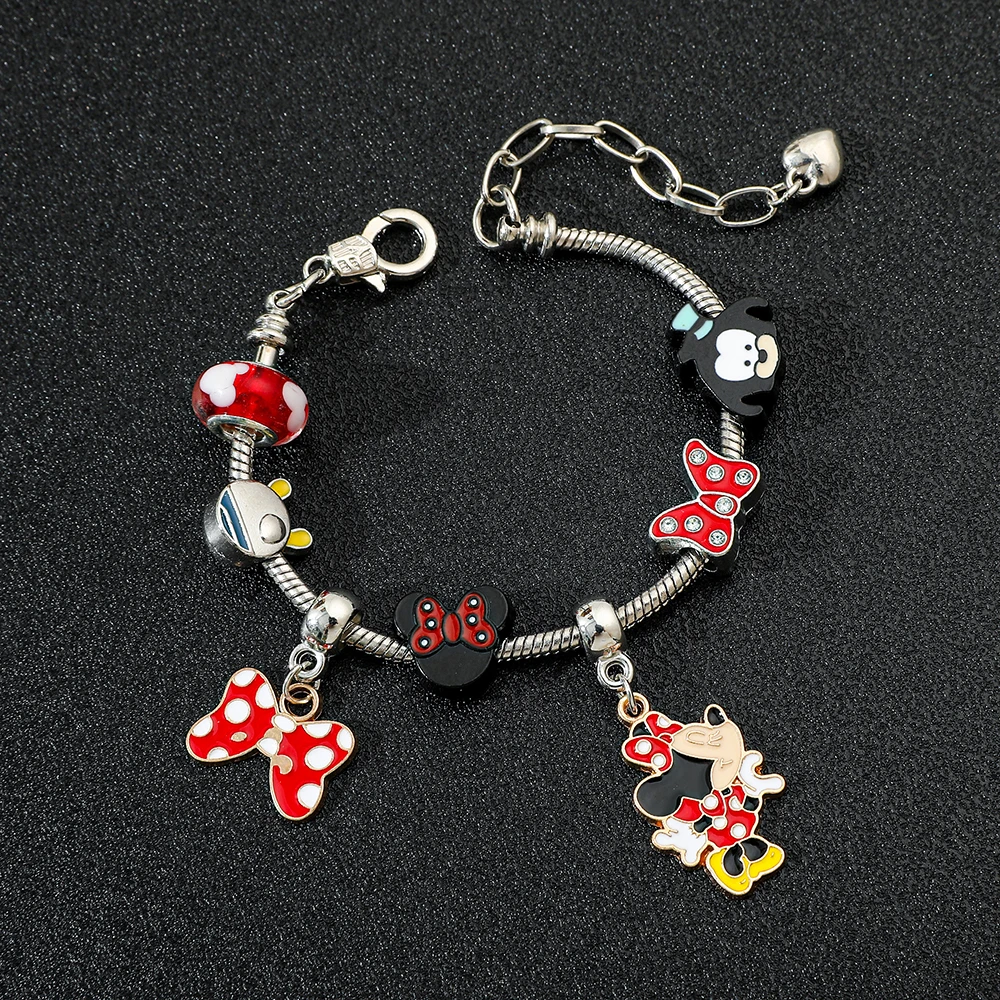 Disney-Pendant Bead Bracelet, Red Crystal, Mickey, Minnie, Silver Color, Charm Jewelry, Classic Design