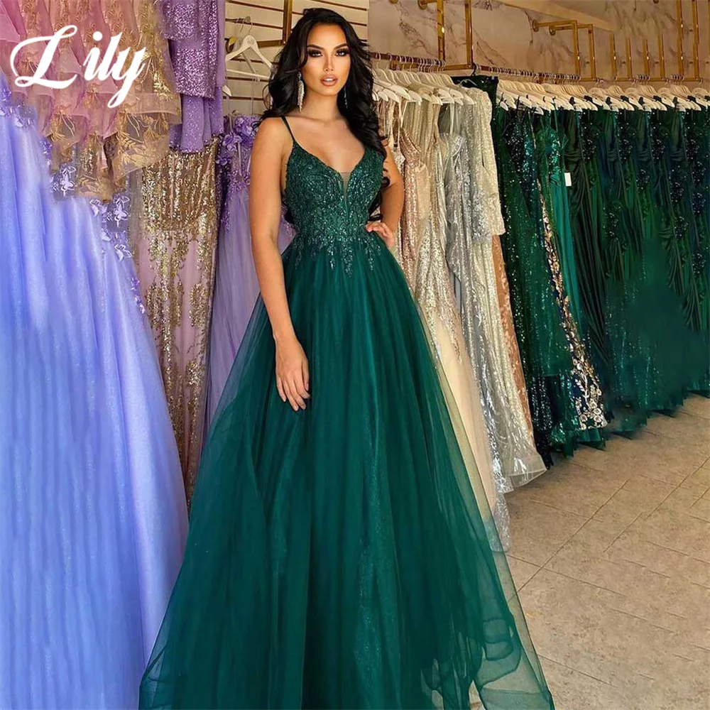 

Lily Green V-Neck Evening Gown Spaghetti Strap A-Line Prom Dress Applique Layer Wedding Evening Dress with Pleat robes de soirée