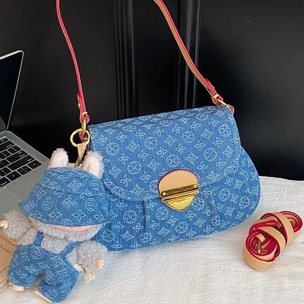 

Chic Denim & Canvas Dumpling Bag, Designer Inspired Top Handle Shoulder Bag for Women, Elegant Commute Evening Purse