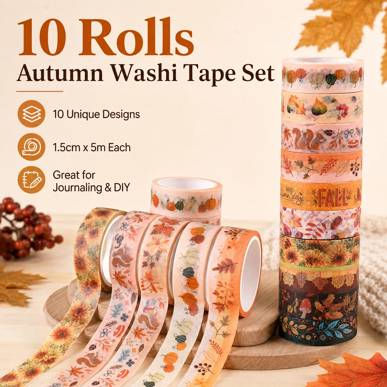 Washi Tape Rolls - ชุดเทปวาชิลายใบไม้ฤดูใบไม้ร่วง 10 ม้วน ลายฟักทอง ดอกทานตะวัน ใบไม้