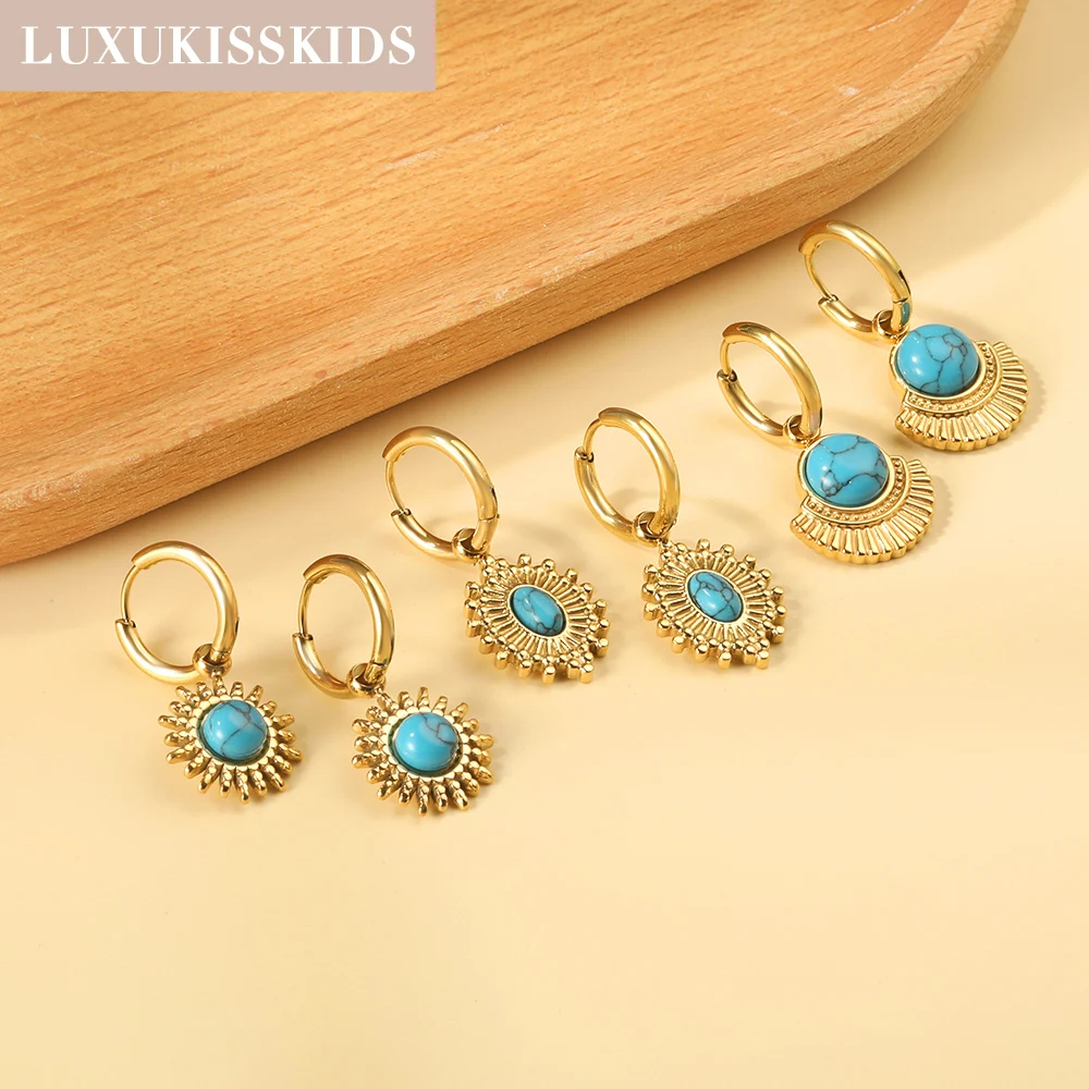 LUXUKISSKIDS Luxury Turquoise Drop Earrings Vintage Woman Steel Blue Stone Round Dangling Pendients Fashion Party Accessories