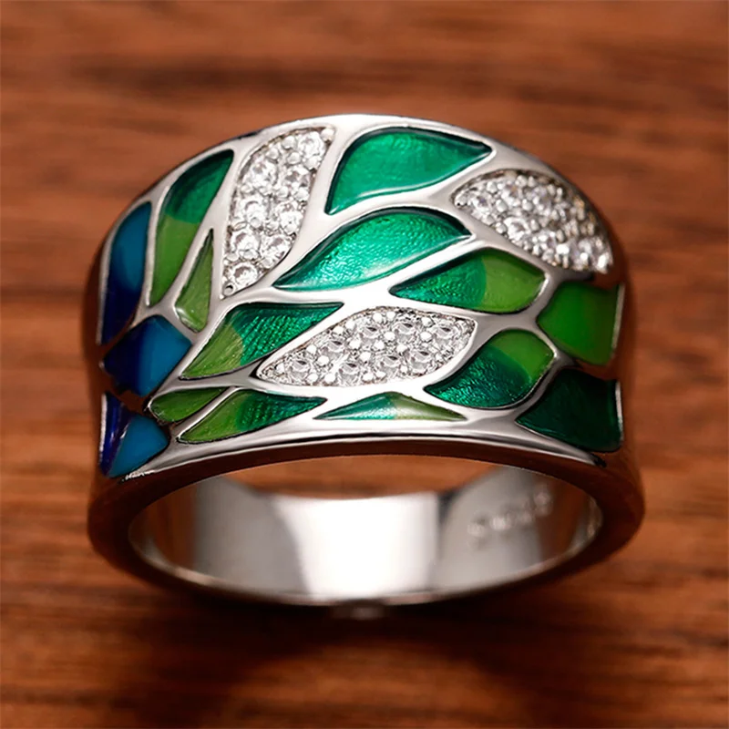 2024 Bohemia Style Green Leaf Enamel Ring for Women Charming Ladies Rings Dance Party Fancy Birthday Girl Gift Fashion Jewelry