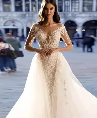 

Customzied Wedding Dress Long Dress VNeck Detachable Train Appliques Beaded Illusion Tulle Formal Gown For Bride Women20