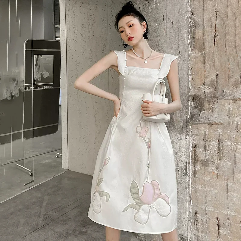 Summer White Dress Women Vintage Flying Sleeve Square Neck Slim A-line Dresses Fashion Print Suspender Dress New Female Clothing