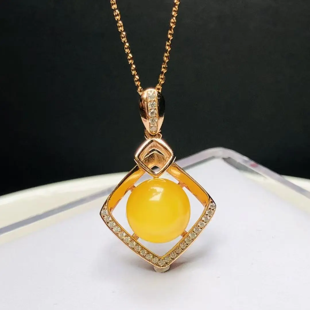 

Natural Pure Silver Amber Pendant 11mm Mustard Yellow Geometric Diamond Shape Modern Simple Lines