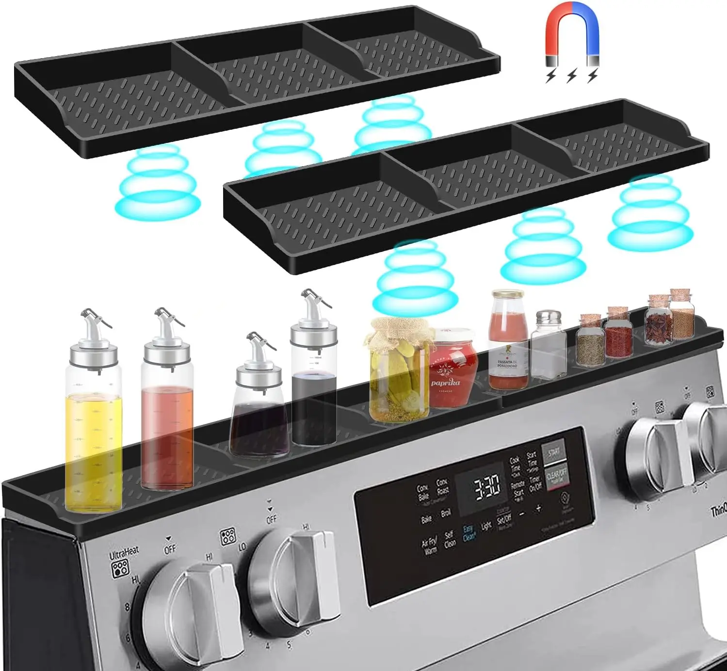 

30 Inch Magnetic Shelf Over Stove, Kitchen Spice Rack Organizer, Black Silicone Stovetop Backsplash Storage