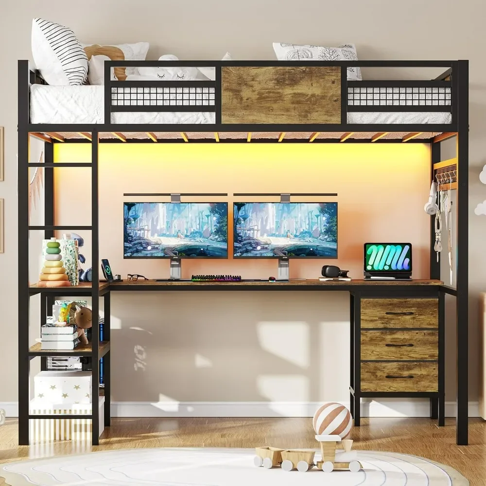 Twin Loft Bed with L-Shaped Desk, Metal Twin Size Bed Frame with LED Lights & Charging Sation, 3 Fabric Drawers, 2-Tier Storage